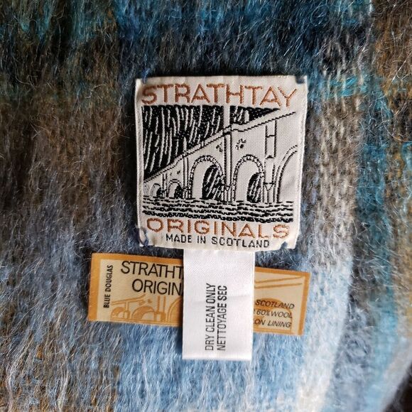 Strathtay Originals Wool Mohair Plaid Fringe Scarf Made in Scotland Brown Blue - Picture 4 of 5
